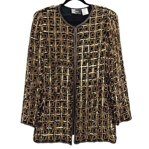 CARINA Vintage Sequin Beaded Jacket Blazer‎ Women's Medium Black Gold Geometric